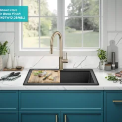 28” Granite Workstation Drop In Top Mount Single Bowl Kitchen Sink in Metallic Grey with Accessories