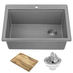 28” Granite Workstation Drop In Top Mount Single Bowl Kitchen Sink in Metallic Grey with Accessories