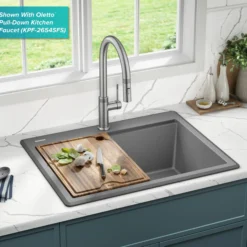 28” Granite Workstation Drop In Top Mount Single Bowl Kitchen Sink in Metallic Grey with Accessories