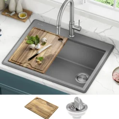 28” Granite Workstation Drop In Top Mount Single Bowl Kitchen Sink in Metallic Grey with Accessories