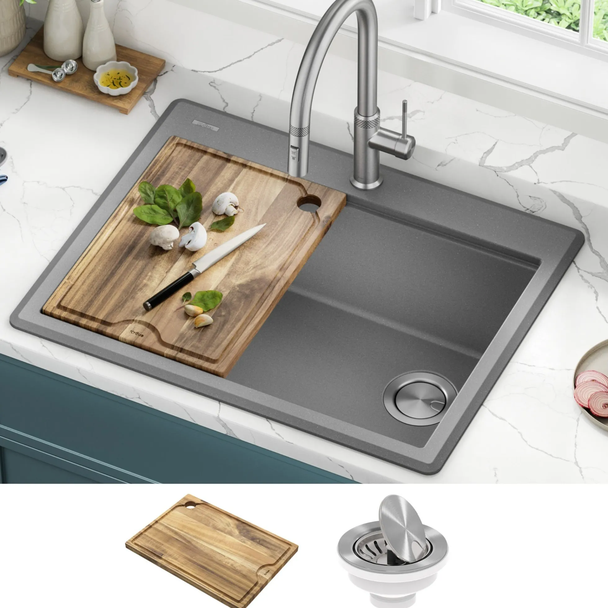 28” Granite Workstation Drop In Top Mount Single Bowl Kitchen Sink in Metallic Grey with Accessories
