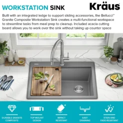 28” Granite Workstation Drop In Top Mount Single Bowl Kitchen Sink in Metallic Grey with Accessories
