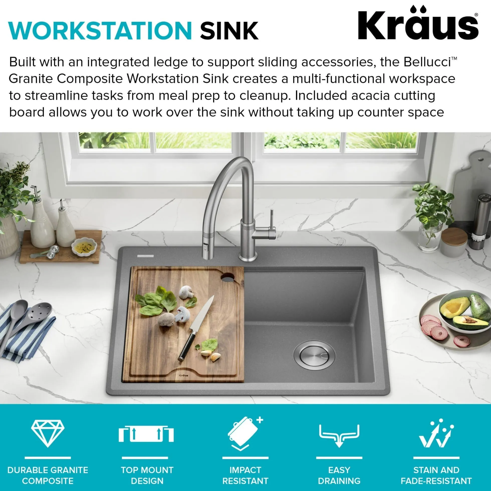 28” Granite Workstation Drop In Top Mount Single Bowl Kitchen Sink in Metallic Grey with Accessories
