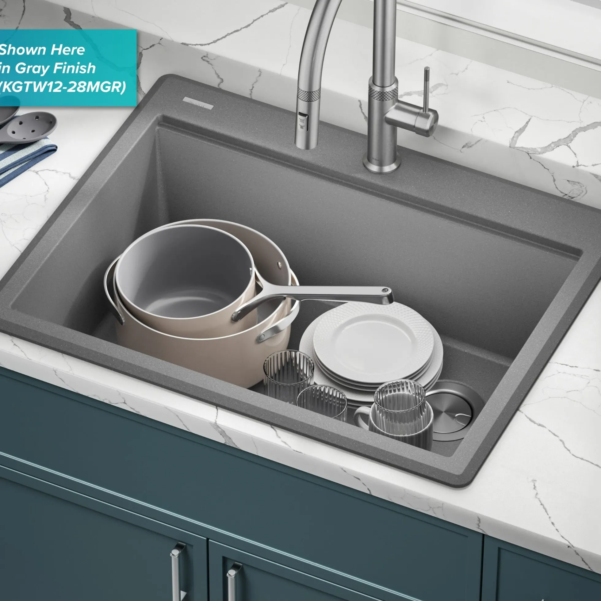 28” Granite Workstation Drop In Top Mount Single Bowl Kitchen Sink in White with Accessories