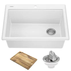 28” Granite Workstation Drop In Top Mount Single Bowl Kitchen Sink in White with Accessories