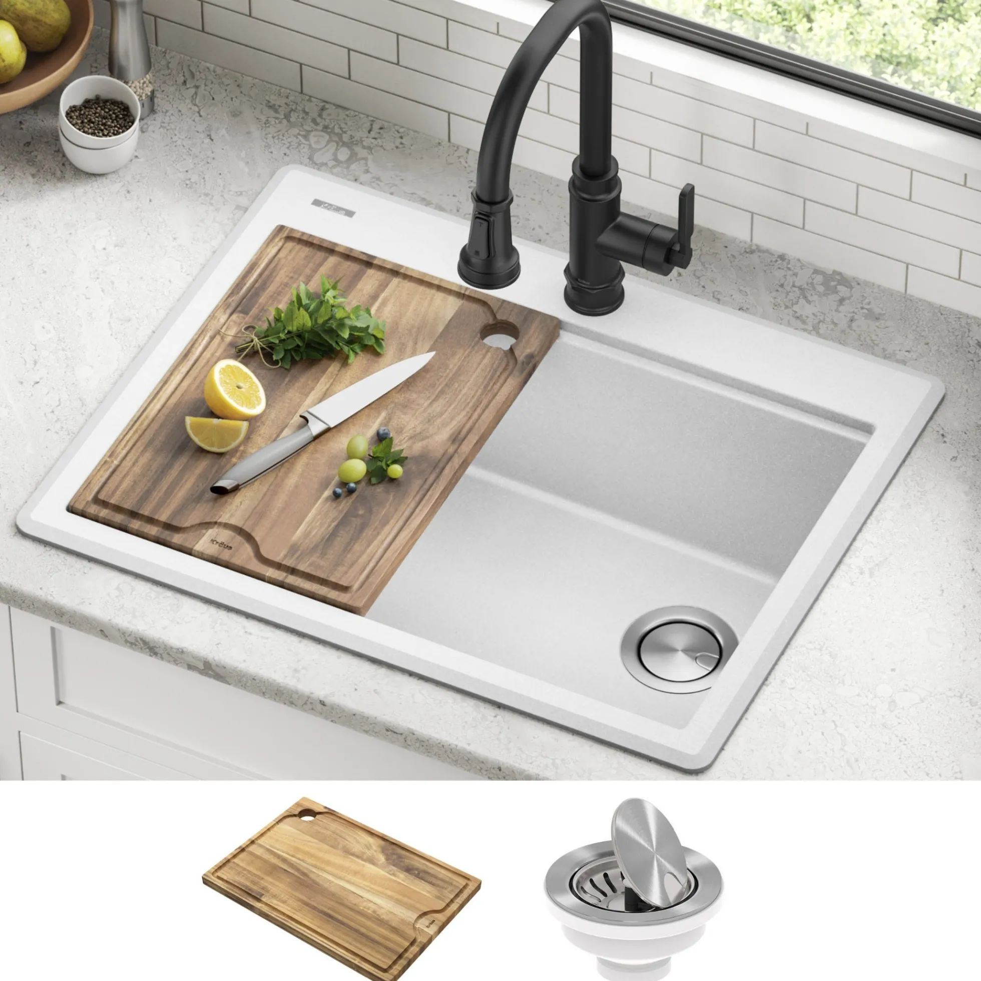 28” Granite Workstation Drop In Top Mount Single Bowl Kitchen Sink in White with Accessories