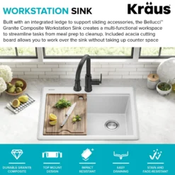 28” Granite Workstation Drop In Top Mount Single Bowl Kitchen Sink in White with Accessories