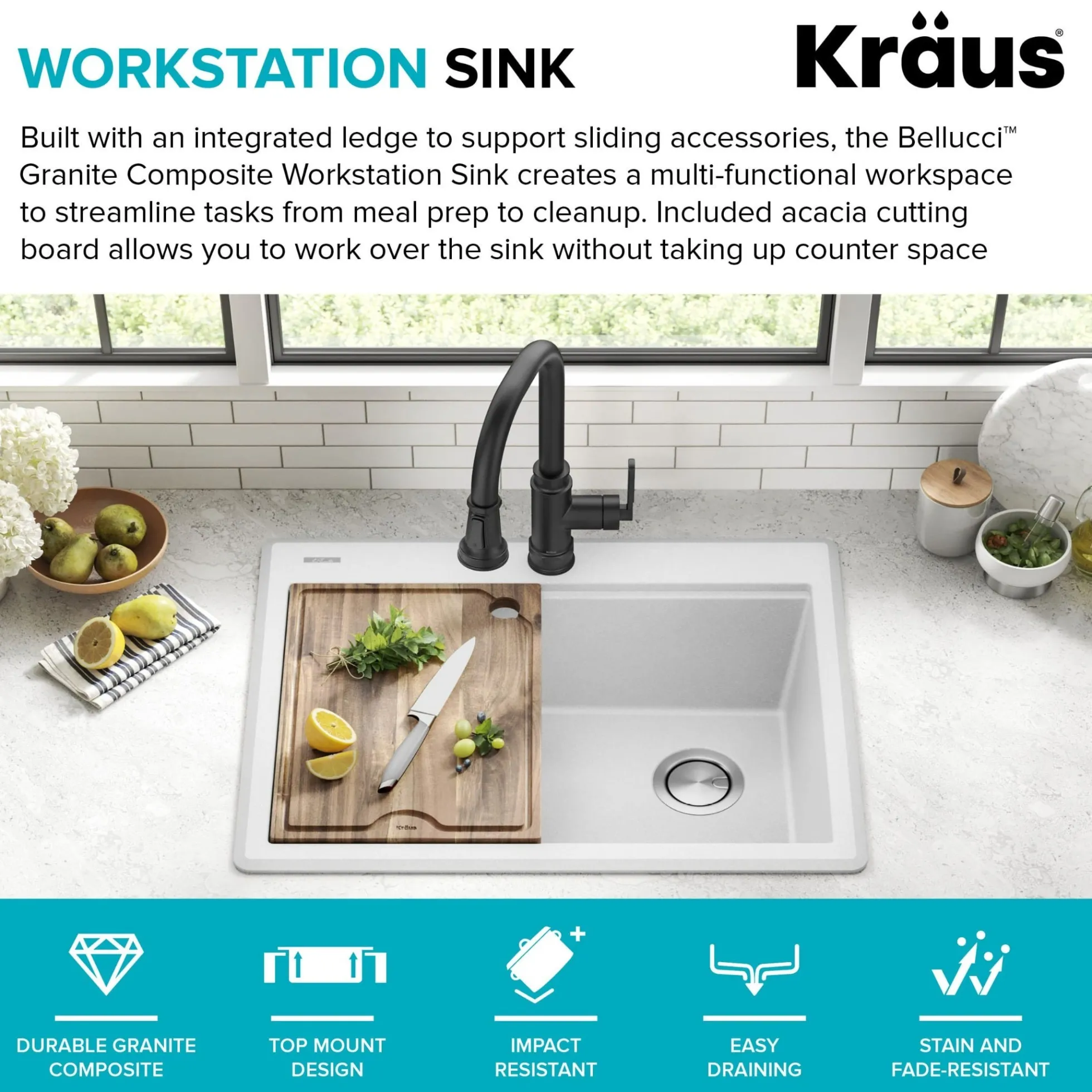 28” Granite Workstation Drop In Top Mount Single Bowl Kitchen Sink in White with Accessories