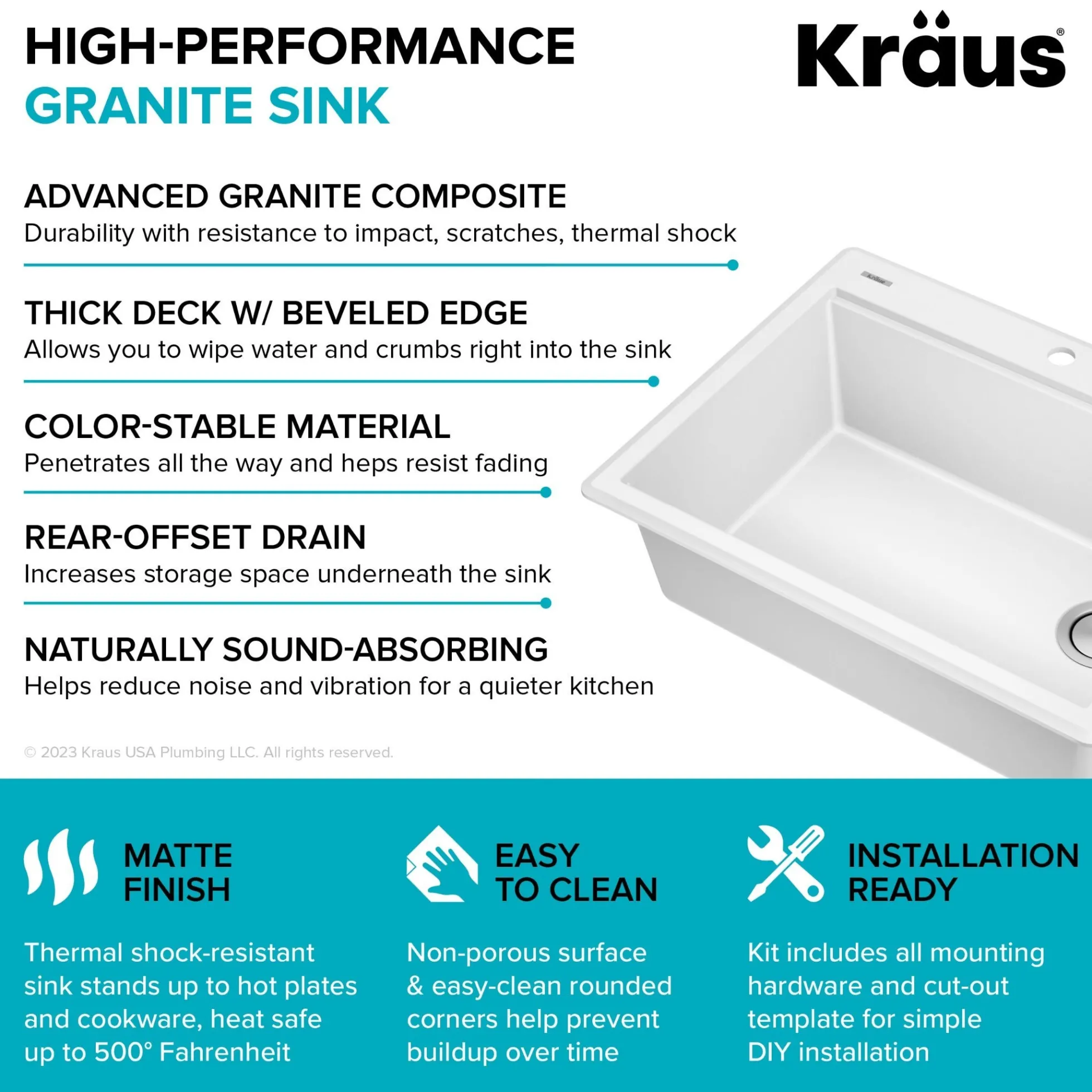 28” Granite Workstation Drop In Top Mount Single Bowl Kitchen Sink in White with Accessories