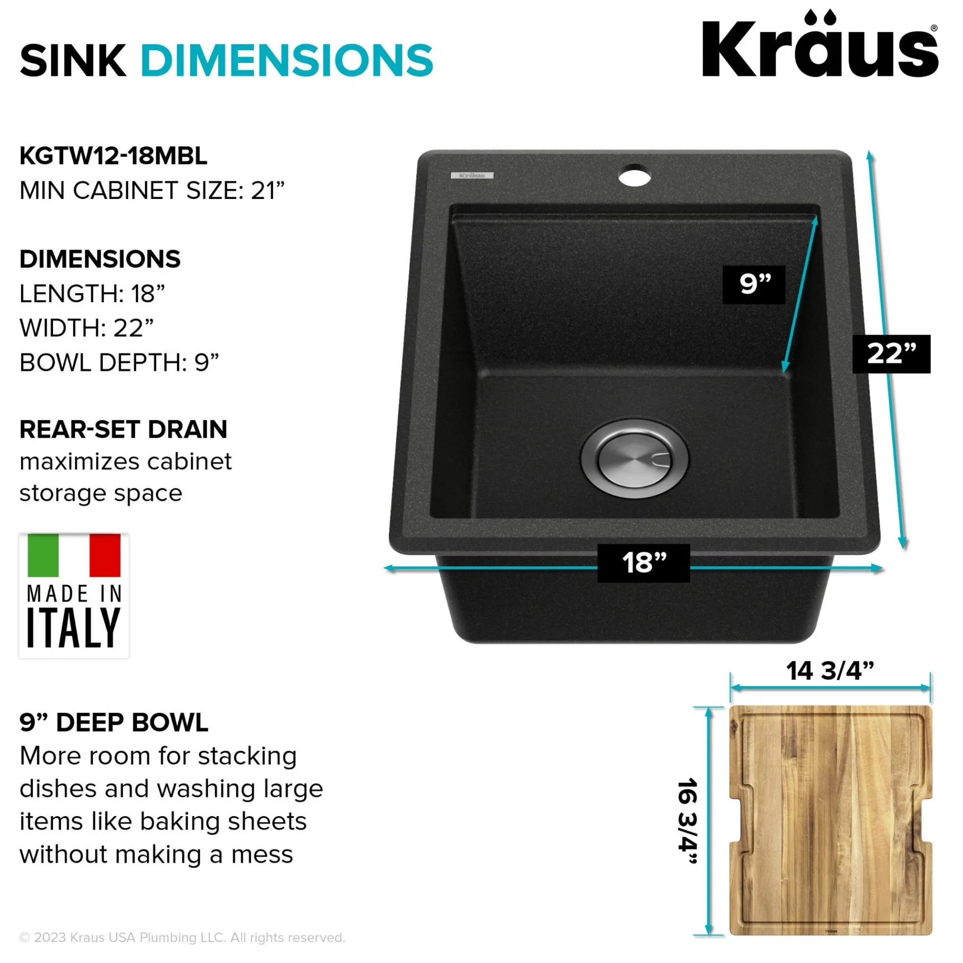 18” Granite Workstation Drop In Top Mount Single Bowl Kitchen Sink in Metallic Black with Accessories