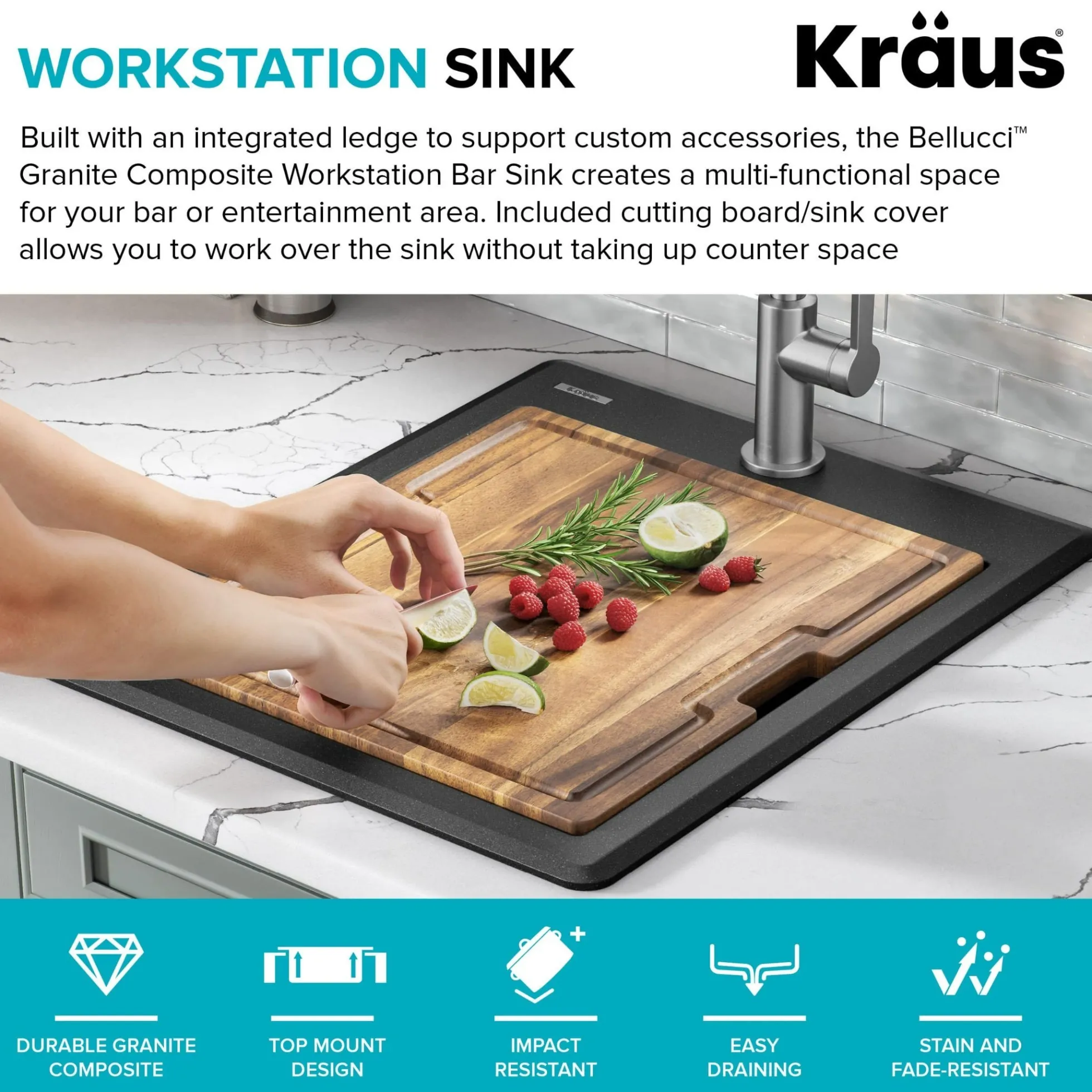 18” Granite Workstation Drop In Top Mount Single Bowl Kitchen Sink in Metallic Black with Accessories