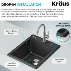 18” Granite Workstation Drop In Top Mount Single Bowl Kitchen Sink in Metallic Black with Accessories