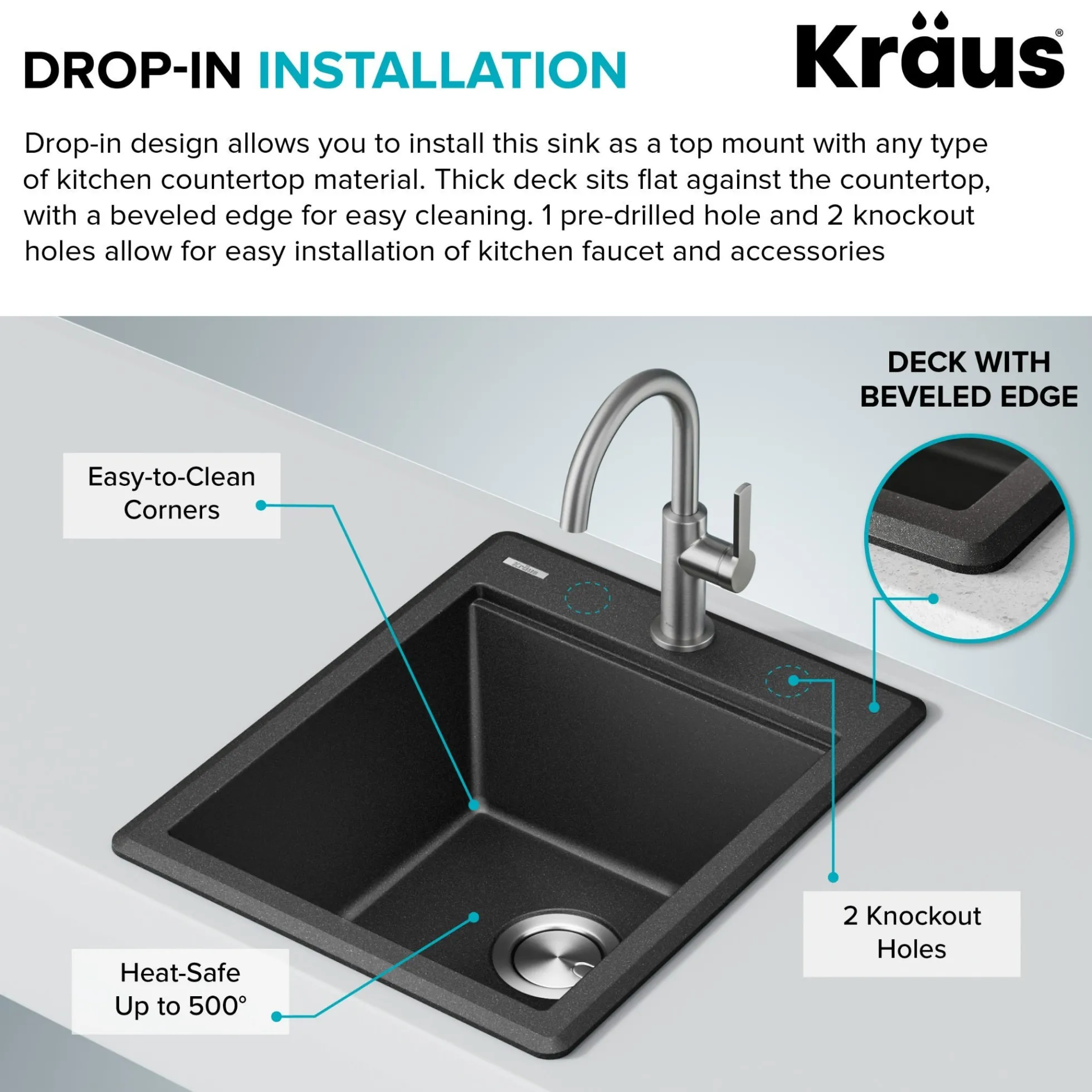 18” Granite Workstation Drop In Top Mount Single Bowl Kitchen Sink in Metallic Black with Accessories
