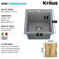 18” Granite Workstation Drop In Top Mount Single Bowl Kitchen Bar Sink in Metallic Grey with Accessories