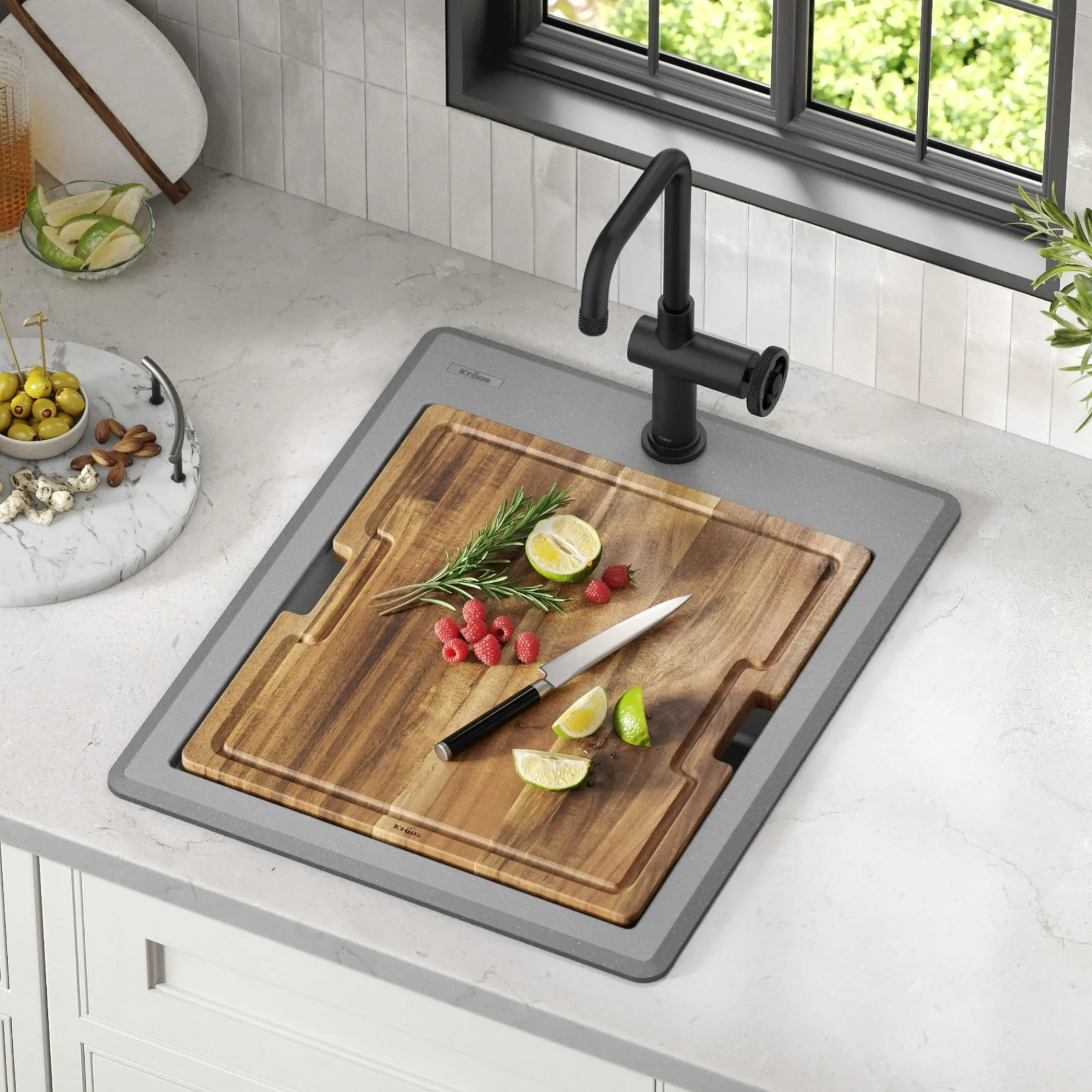 18” Granite Workstation Drop In Top Mount Single Bowl Kitchen Bar Sink in Metallic Grey with Accessories