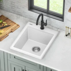18” Granite Workstation Drop In Top Mount Single Bowl Kitchen Bar Sink in White with Accessories