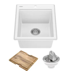 18” Granite Workstation Drop In Top Mount Single Bowl Kitchen Bar Sink in White with Accessories