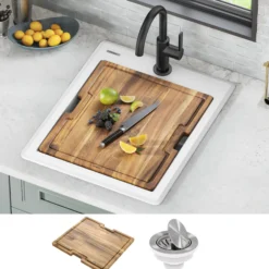 18” Granite Workstation Drop In Top Mount Single Bowl Kitchen Bar Sink in White with Accessories
