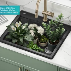 25” Granite Workstation Drop In Top Mount Single Bowl Kitchen Sink in Metallic Black with Accessories