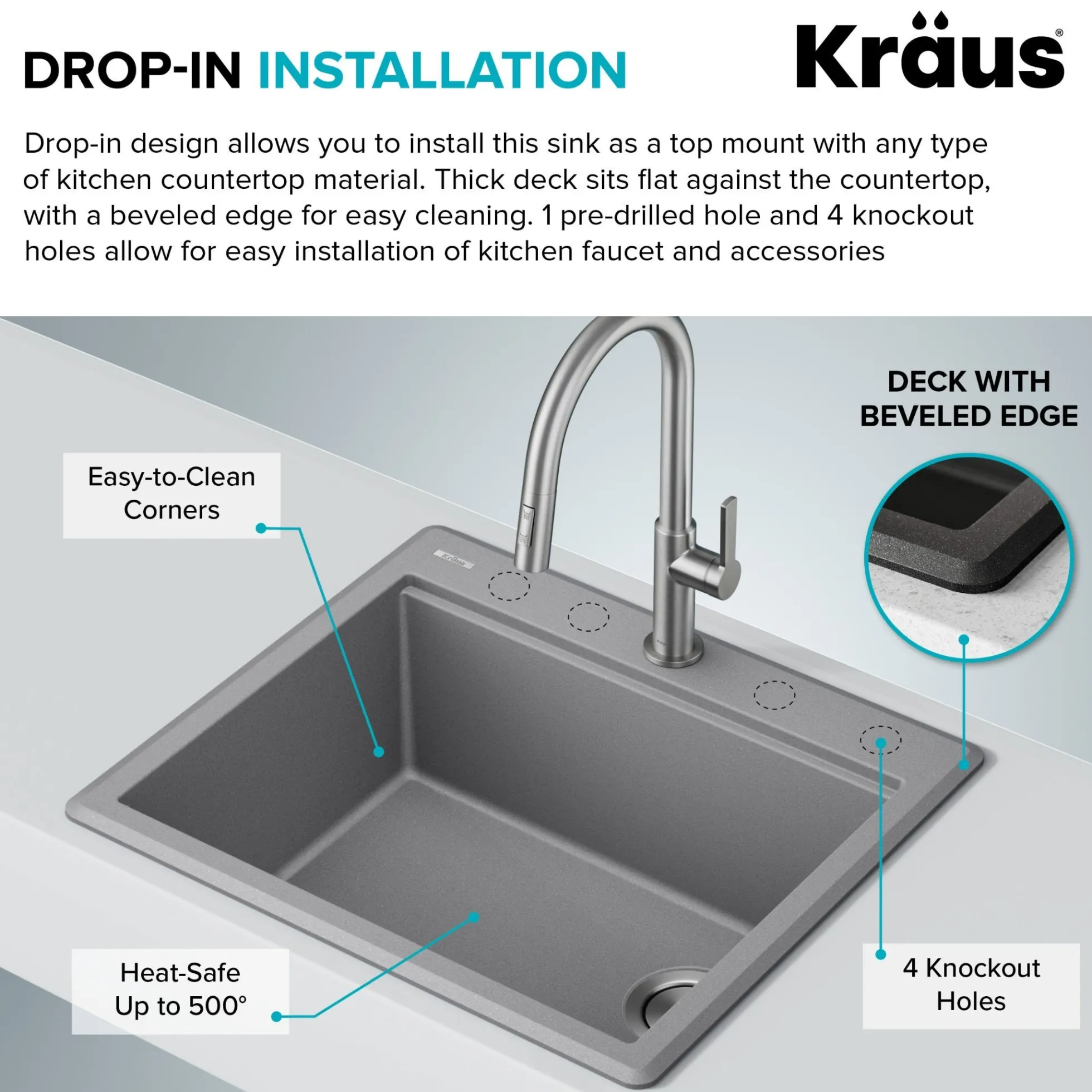 25” Granite Workstation Drop In Top Mount Single Bowl Kitchen Sink in Metallic Grey with Accessories
