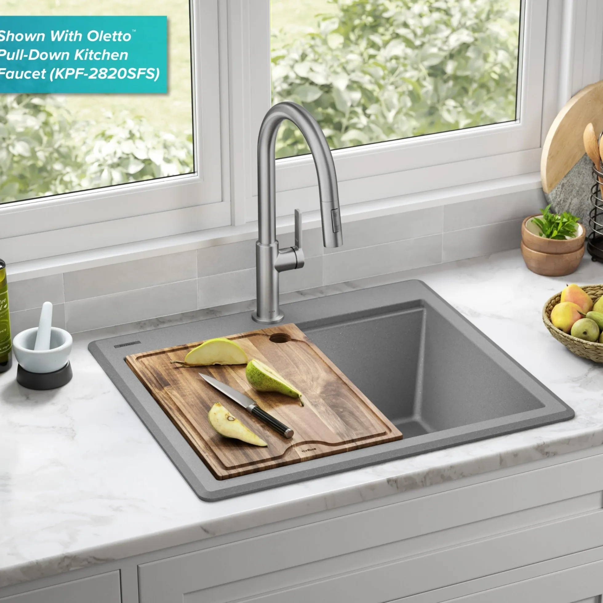 25” Granite Workstation Drop In Top Mount Single Bowl Kitchen Sink in Metallic Grey with Accessories