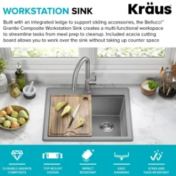 25” Granite Workstation Drop In Top Mount Single Bowl Kitchen Sink in Metallic Grey with Accessories
