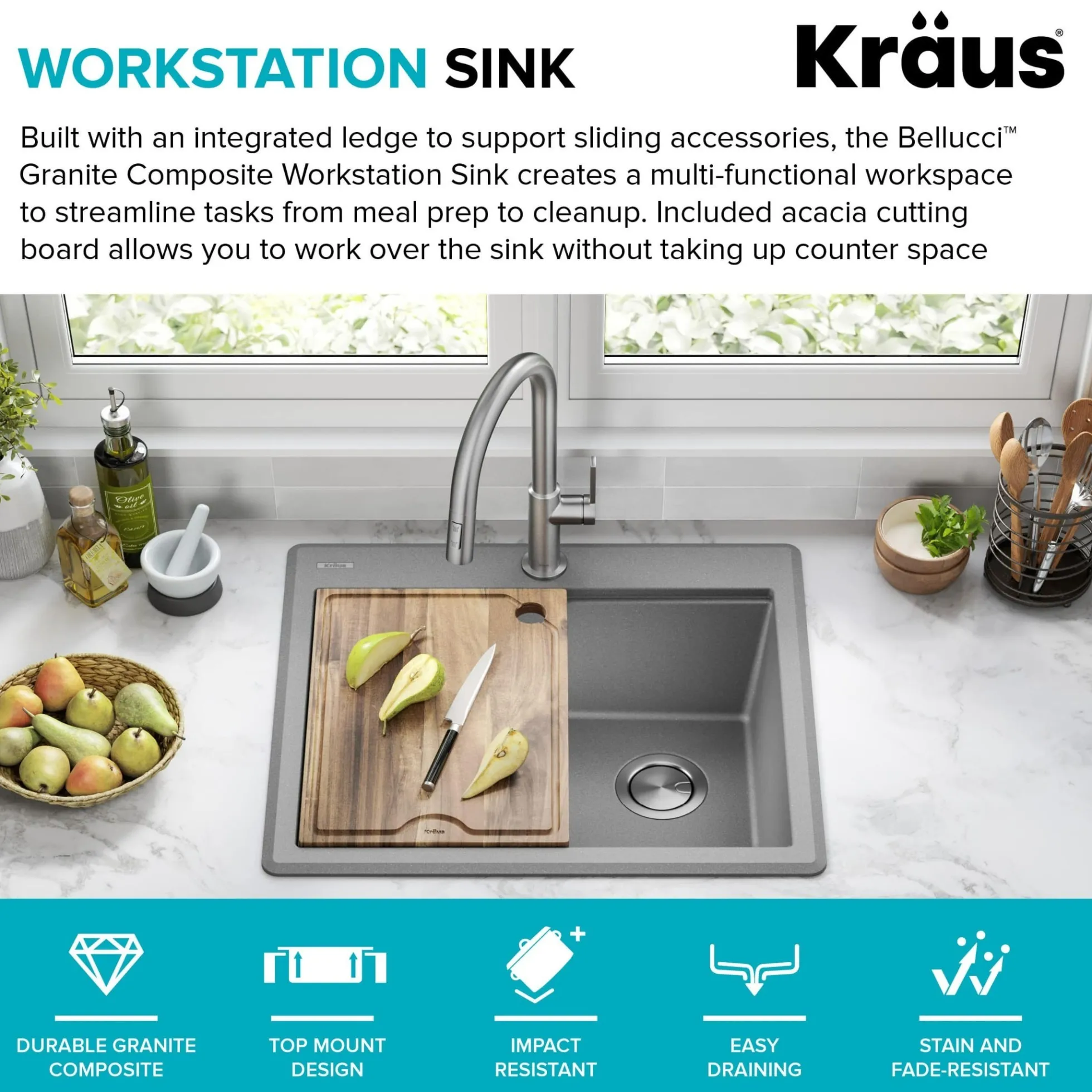 25” Granite Workstation Drop In Top Mount Single Bowl Kitchen Sink in Metallic Grey with Accessories