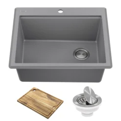 25” Granite Workstation Drop In Top Mount Single Bowl Kitchen Sink in Metallic Grey with Accessories