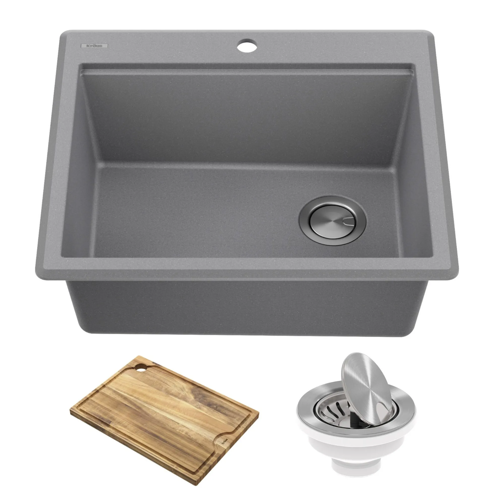 25” Granite Workstation Drop In Top Mount Single Bowl Kitchen Sink in Metallic Grey with Accessories