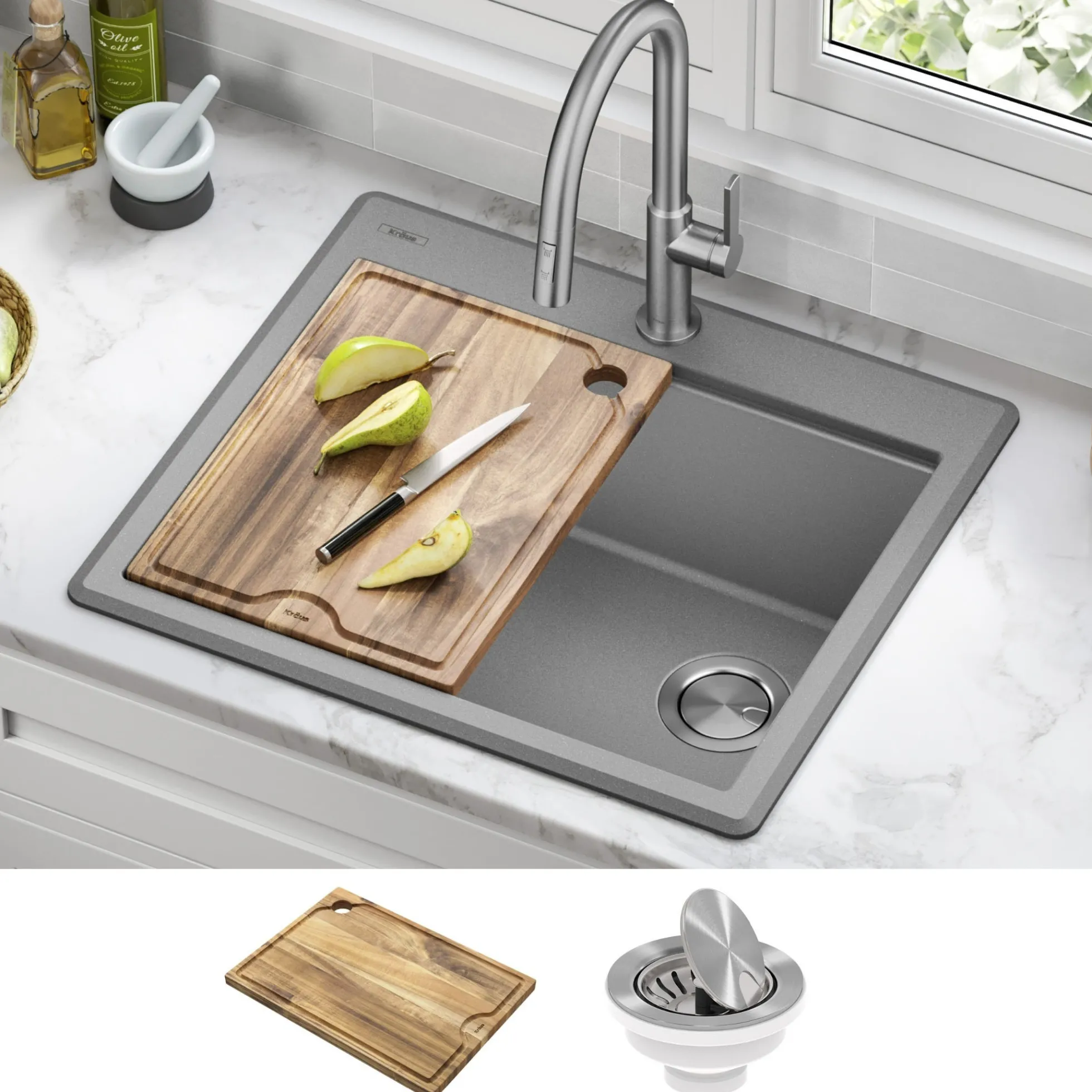 25” Granite Workstation Drop In Top Mount Single Bowl Kitchen Sink in Metallic Grey with Accessories
