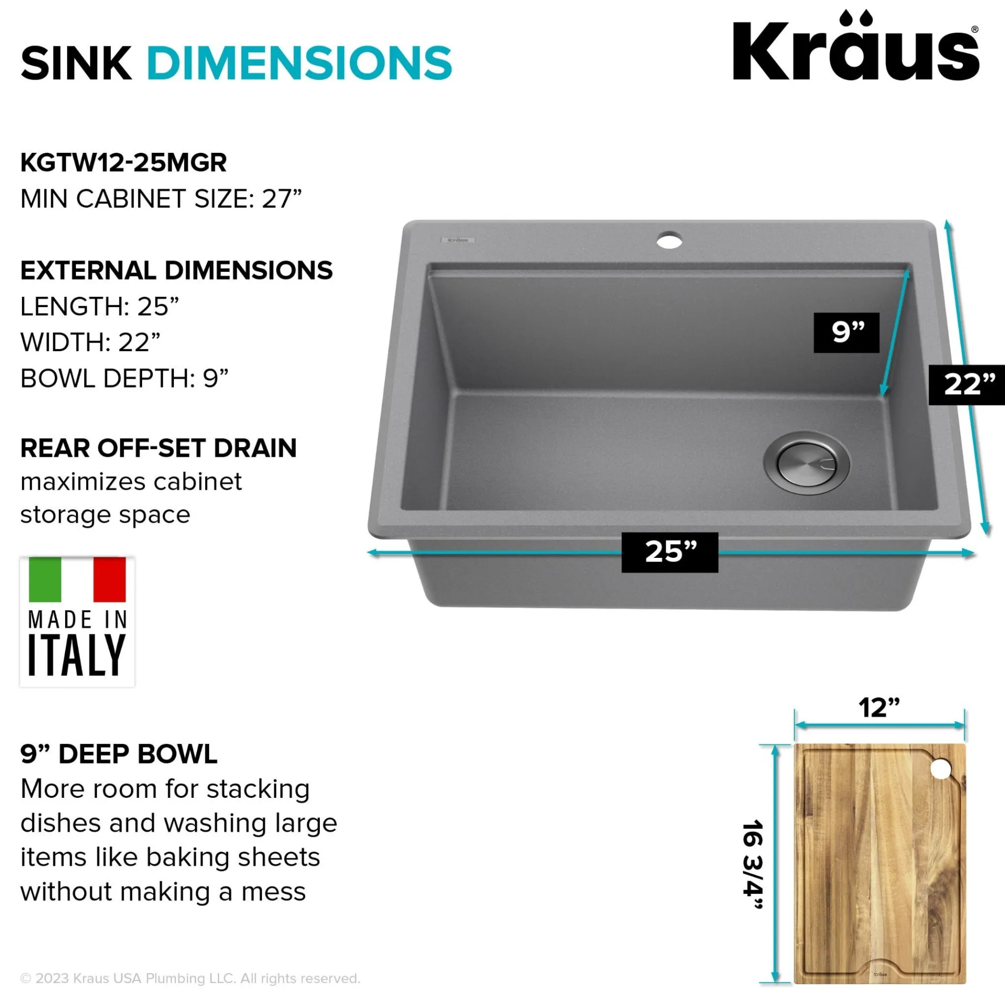 25” Granite Workstation Drop In Top Mount Single Bowl Kitchen Sink in Metallic Grey with Accessories