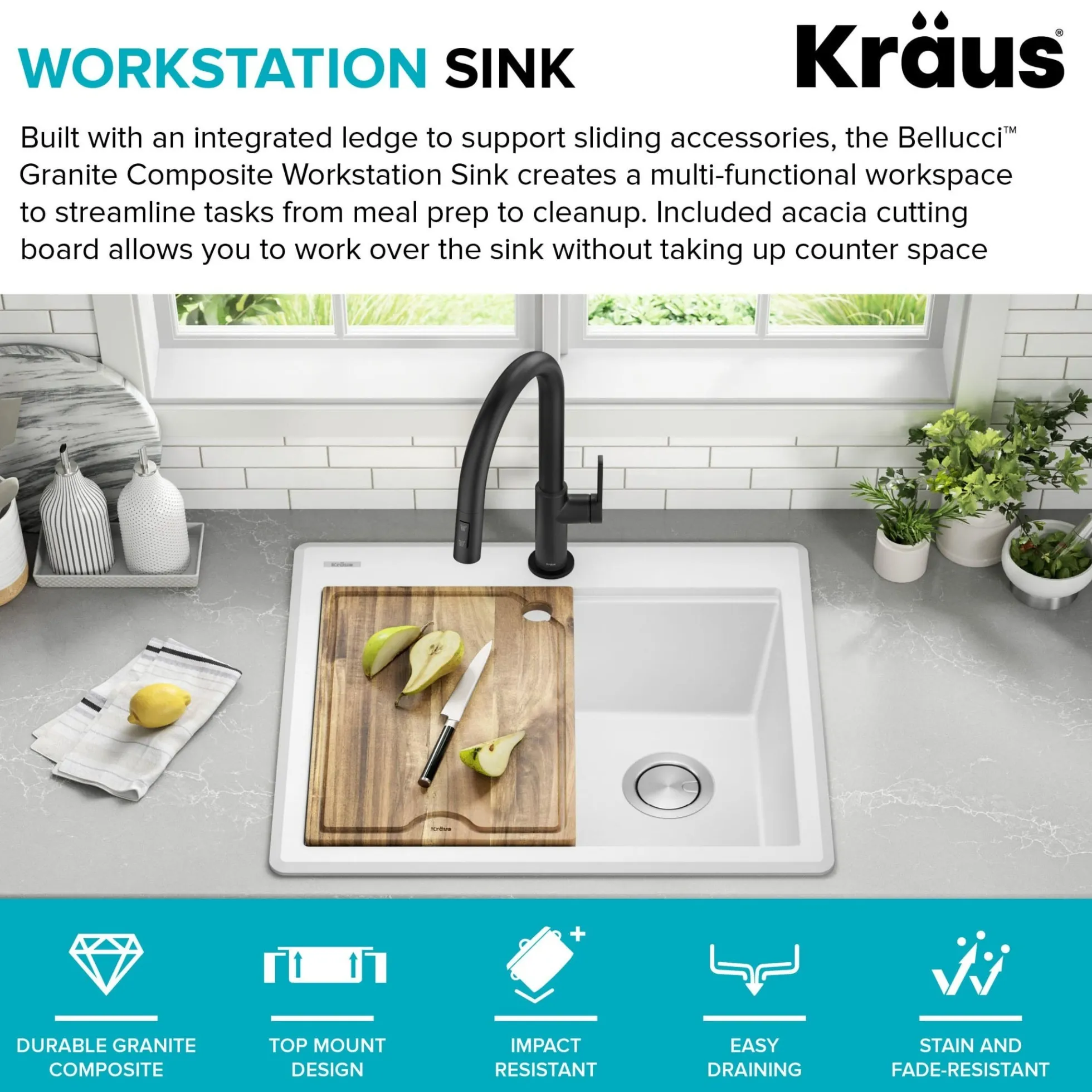 25” Granite Workstation Drop In Top Mount Single Bowl Kitchen Sink in White with Accessories