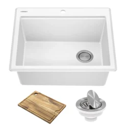 25” Granite Workstation Drop In Top Mount Single Bowl Kitchen Sink in White with Accessories