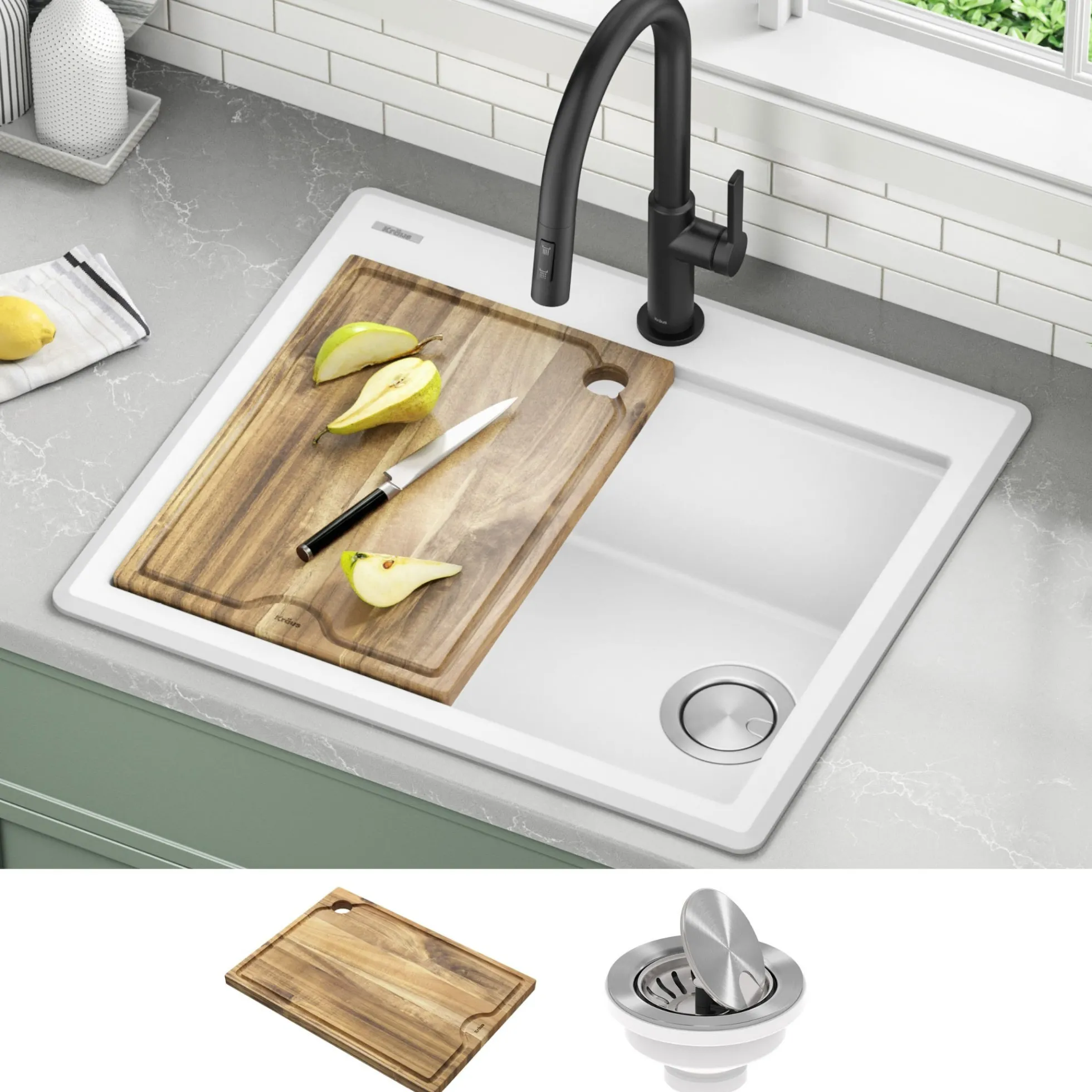 25” Granite Workstation Drop In Top Mount Single Bowl Kitchen Sink in White with Accessories