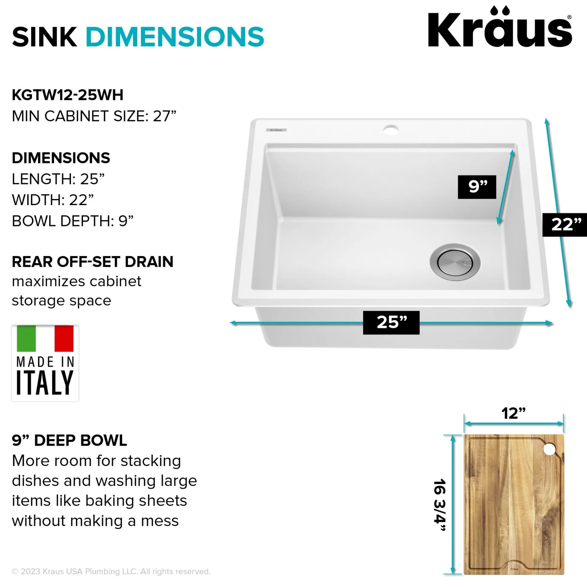 25” Granite Workstation Drop In Top Mount Single Bowl Kitchen Sink in White with Accessories