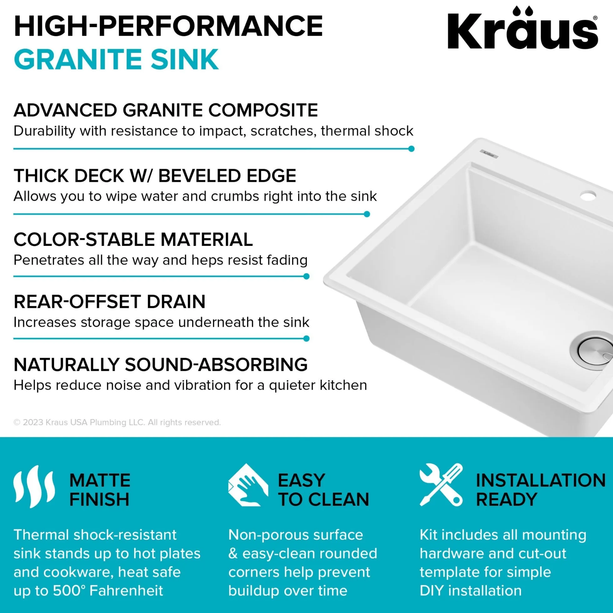 25” Granite Workstation Drop In Top Mount Single Bowl Kitchen Sink in White with Accessories