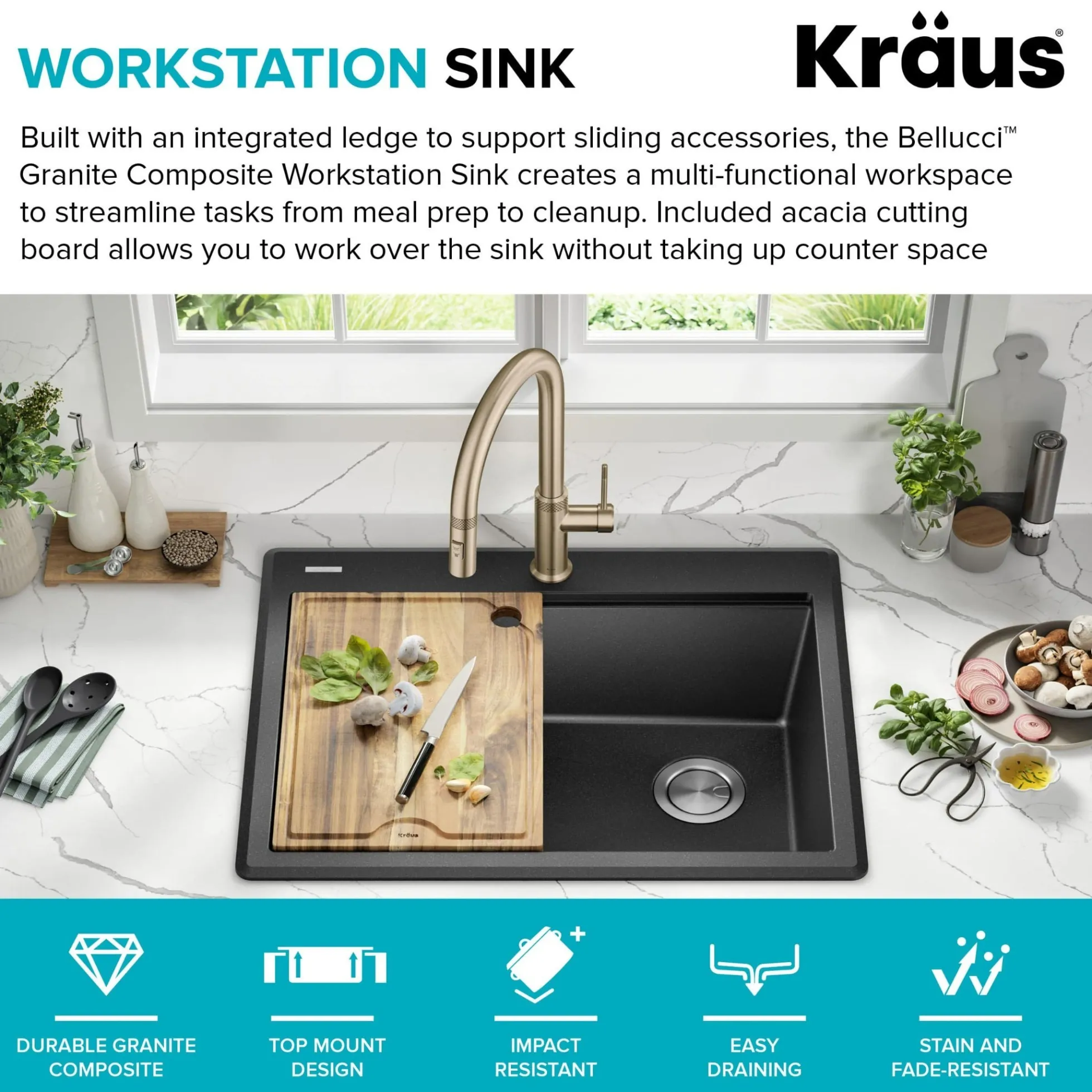 28” Granite Workstation Drop In Top Mount Single Bowl Kitchen Sink in Metallic Black with Accessories
