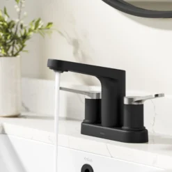 2-Handle 4-inch Centerset Bathroom Faucet in Spot-Free Brushed Nickel/ Matte Black with Pop Up Drain and Supply Lines