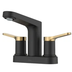 2-Handle 4-inch Centerset Bathroom Faucet in Spot-Free Brushed Brass / Matte Black with Pop Up Drain and Supply Lines