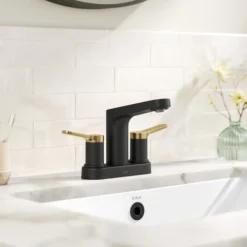 2-Handle 4-inch Centerset Bathroom Faucet in Spot-Free Brushed Brass / Matte Black with Pop Up Drain and Supply Lines