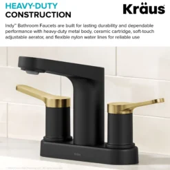 2-Handle 4-inch Centerset Bathroom Faucet in Spot-Free Brushed Brass / Matte Black with Pop Up Drain and Supply Lines