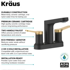 2-Handle 4-inch Centerset Bathroom Faucet in Spot-Free Brushed Brass / Matte Black with Pop Up Drain and Supply Lines