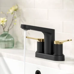 2-Handle 4-inch Centerset Bathroom Faucet in Spot-Free Brushed Brass / Matte Black with Pop Up Drain and Supply Lines
