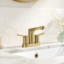 2-Handle 4-inch Centerset Bathroom Faucet in Spot-Free Brushed Brass with Pop Up Drain and Supply Lines
