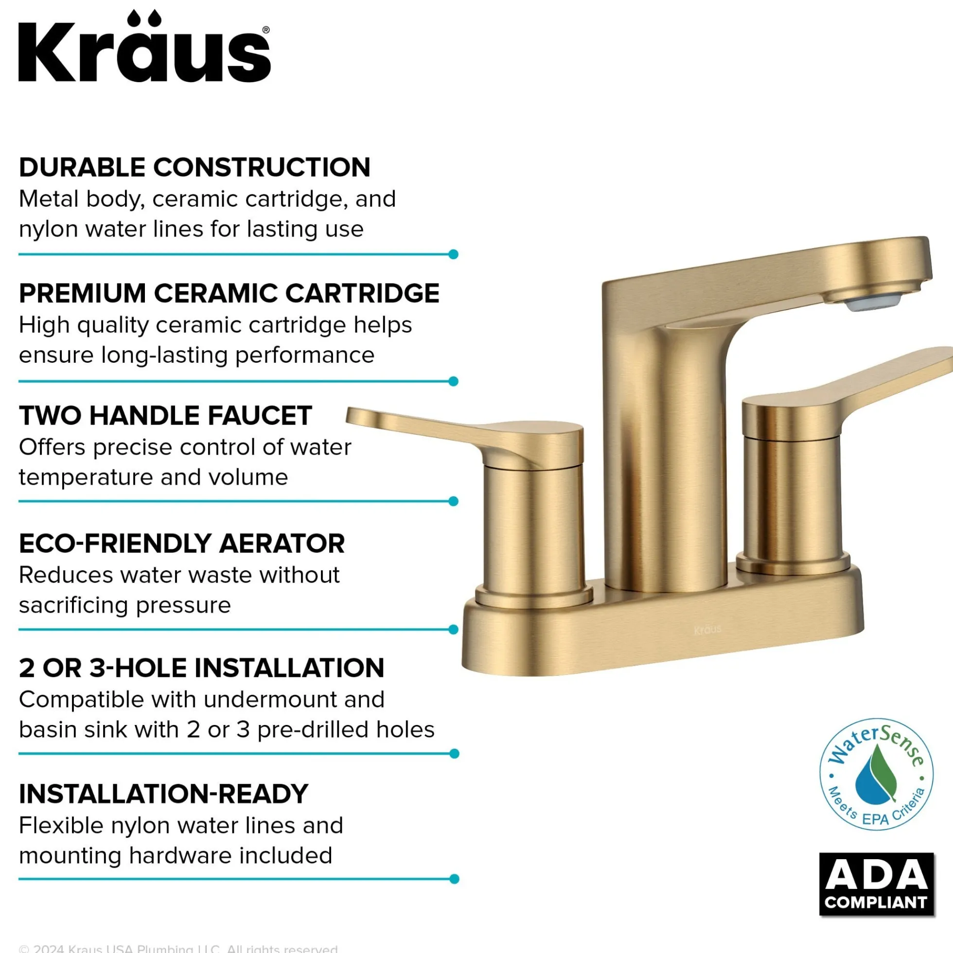 2-Handle 4-inch Centerset Bathroom Faucet in Spot-Free Brushed Brass with Pop Up Drain and Supply Lines