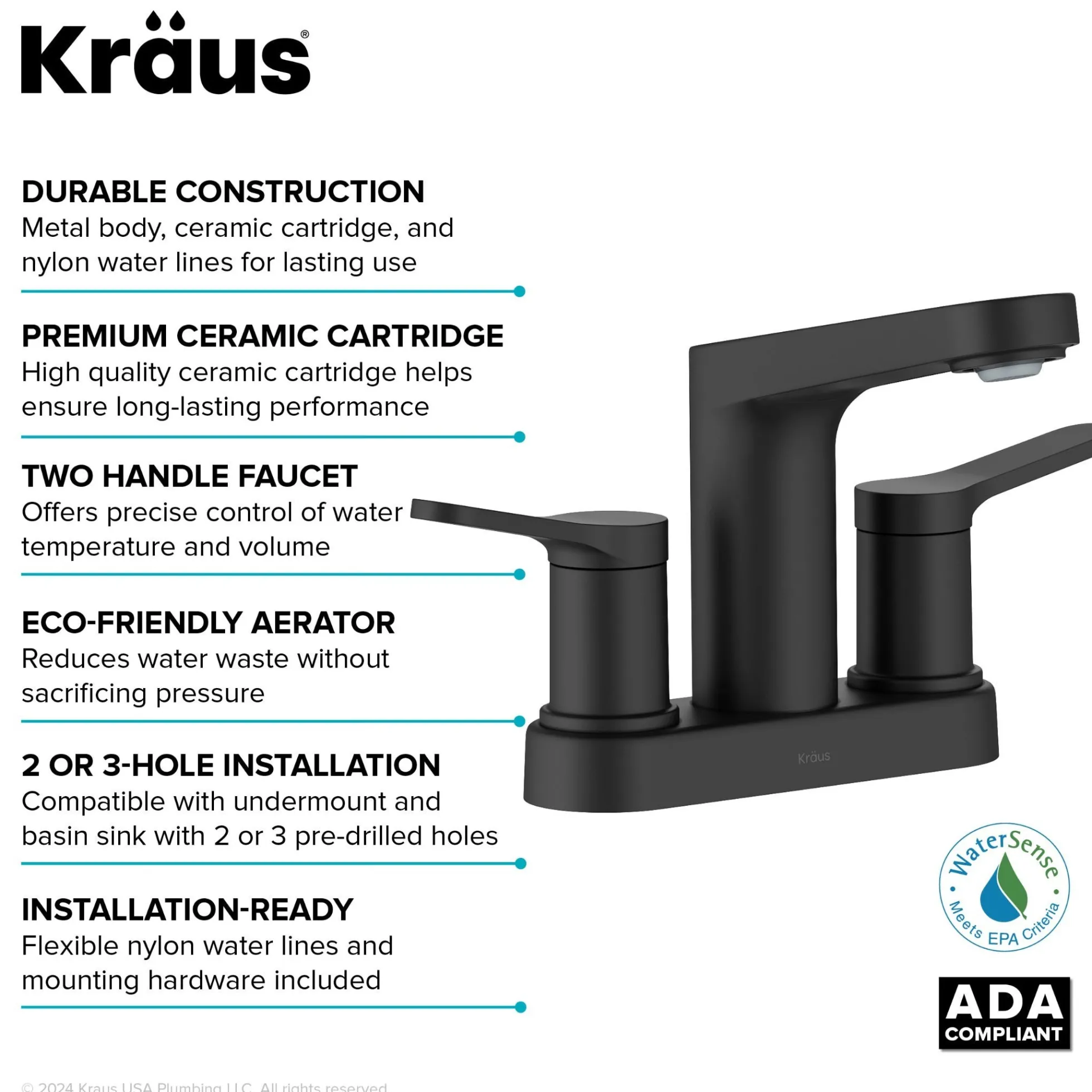 2-Handle 4-inch Centerset Bathroom Faucet in Matte Black with Pop Up Drain and Supply Lines
