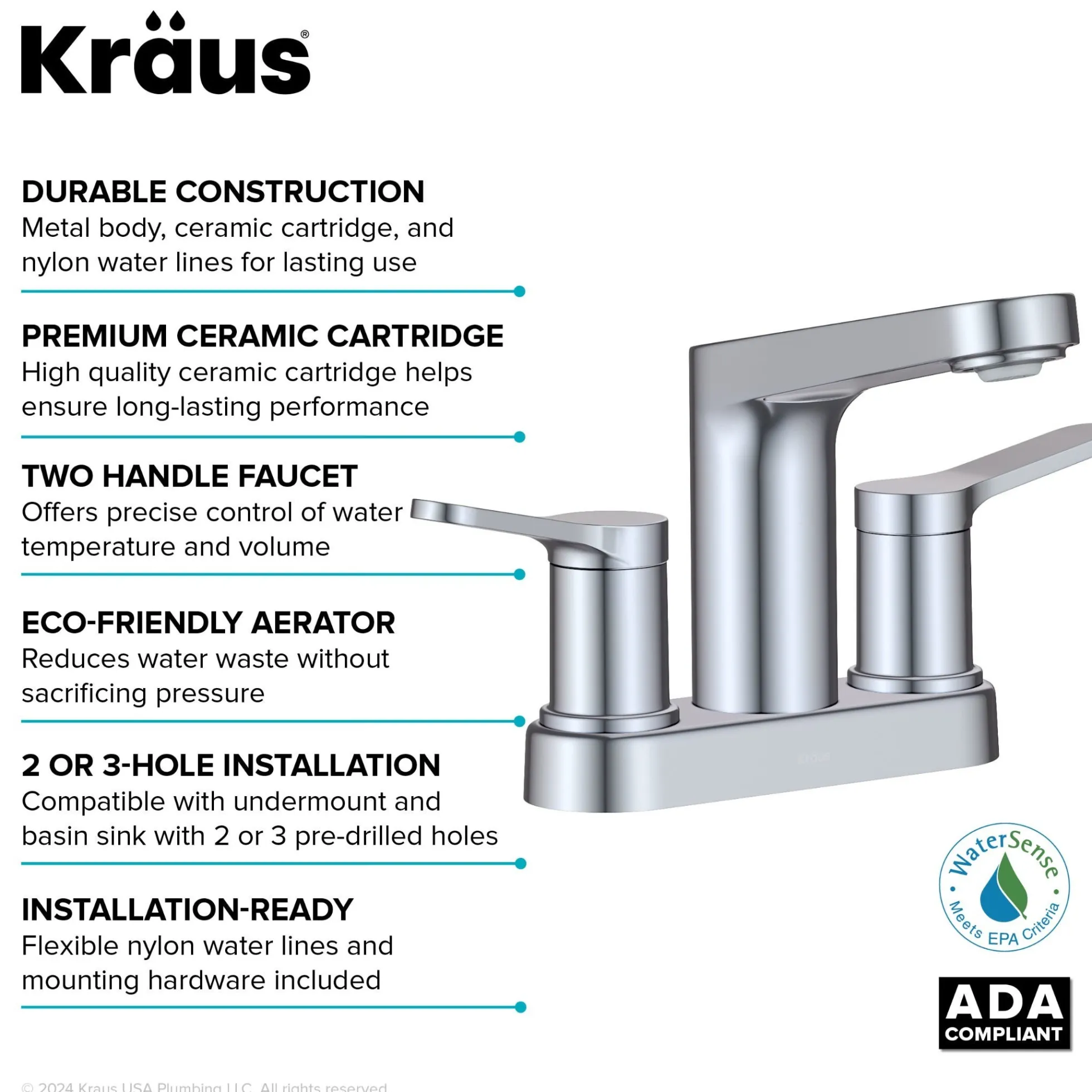 2-Handle 4-inch Centerset Bathroom Faucet in Chrome with Pop Up Drain and Supply Lines