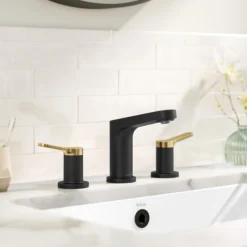 2-Handle 8-inch Widespread Bathroom Faucet in Spot-Free Brushed Brass / Matte Black with Pop Up Drain and Supply Lines