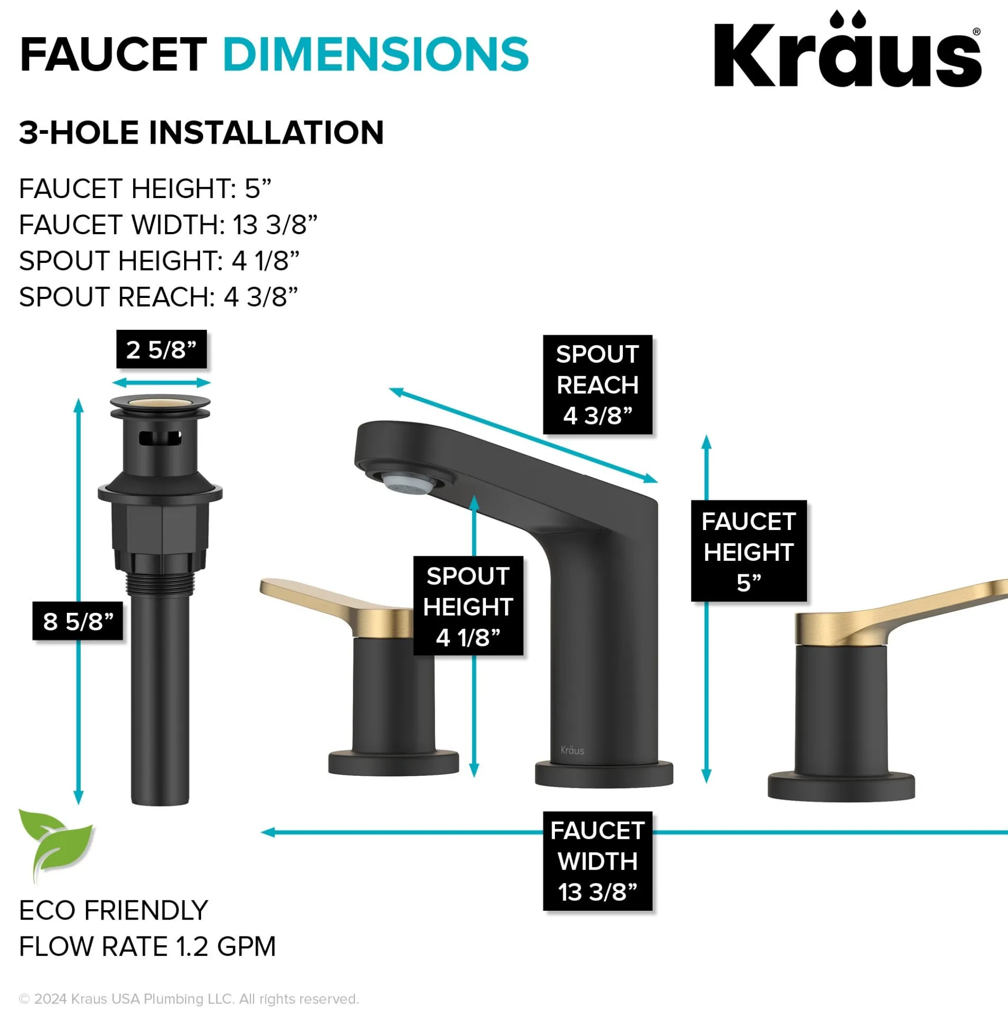 2-Handle 8-inch Widespread Bathroom Faucet in Spot-Free Brushed Brass / Matte Black with Pop Up Drain and Supply Lines