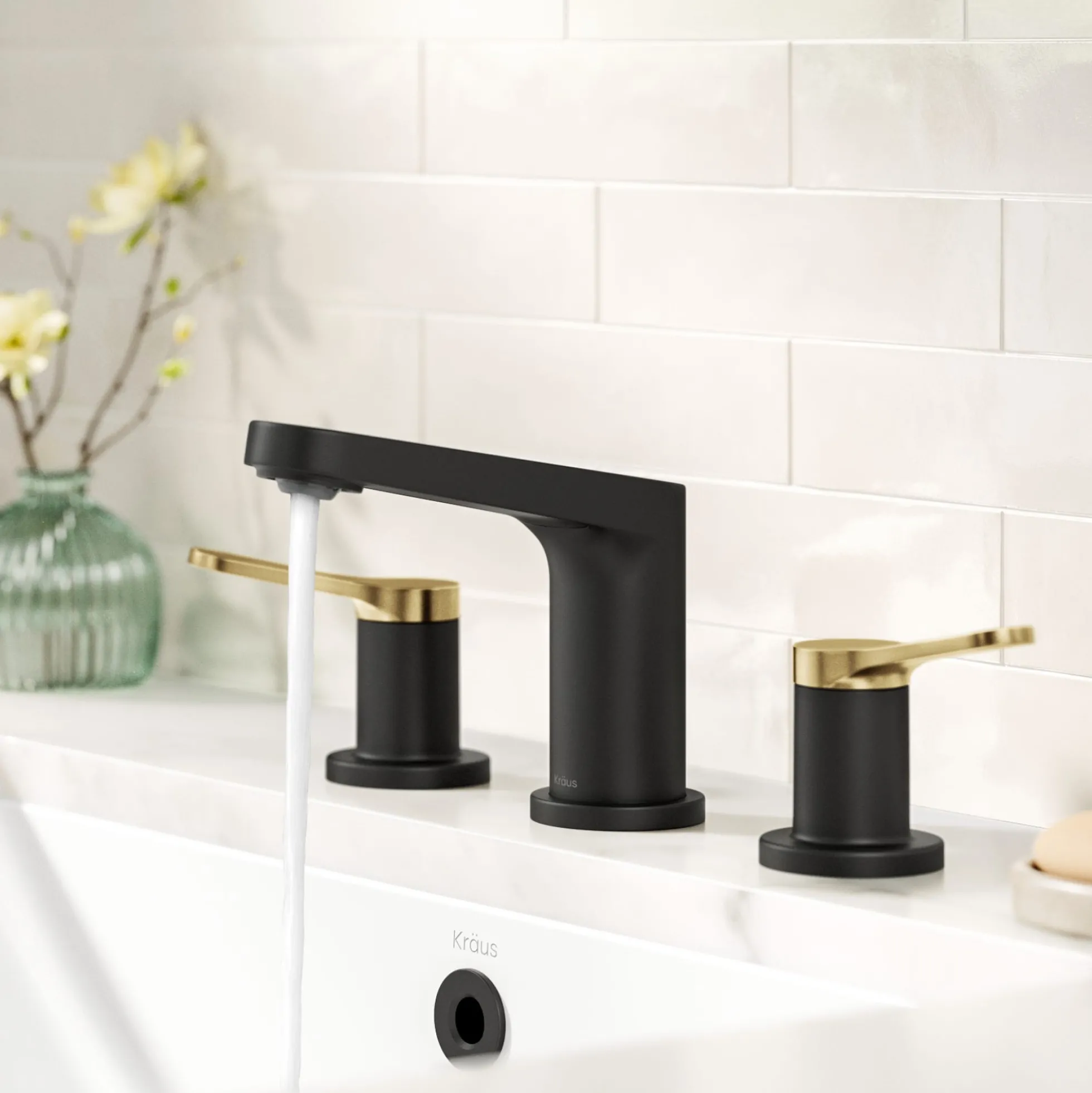 2-Handle 8-inch Widespread Bathroom Faucet in Spot-Free Brushed Brass / Matte Black with Pop Up Drain and Supply Lines